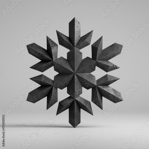 Minimalist 3D Dark Steel Snowflake Symbol on Gray Background