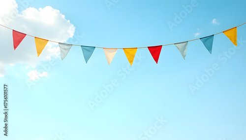 High resolution image of colorful triangular pennant flags against clear sky. Generative AI
