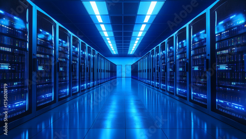 Technology server hall lined with racks and blue glowing lights shows digital power for data storage and security.