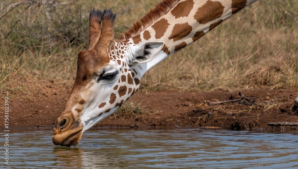 Obraz premium A detailed, close-up color photo of a giraffe drinking from a concealed spot in a wildlife reserve.
