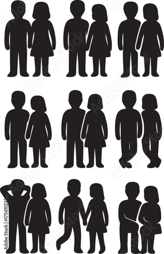 Silhouette of a couple standing and talking — minimal black vector showing human interaction, communication, and relationship concept for lifestyle and social designs