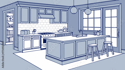 Modern kitchen interior design illustration with island and stools.