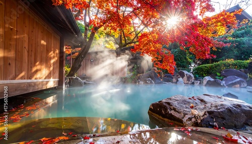 A serene outdoor onsen nestled beneath vibrant autumn foliage, sunlight piercing through the red leaves, creating a tranquil and colorful atmosphere