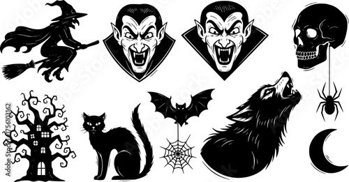 Classic Halloween Character Black Silhouette Set: Witch, Vampire, Werewolf, Black Cat, Skull. Detailed Linocut Look Vector Motifs.	