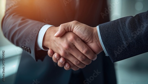 Panoramic banner header showing a close-up of a handshake between business professionals symbolizing agreements and negotiations, with a blurred backdrop and space for text