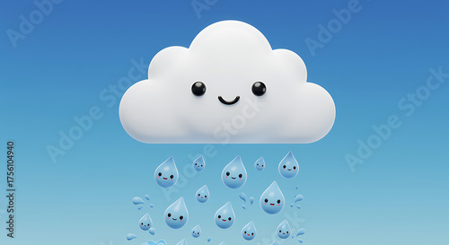 A 3d cartoon cloud with a cute face is gently raining happy, expressive raindrops against a bright blue sky, creating a cheerful and playful atmosphere