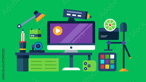 A creative corner with a green screen and editing software for film and video production.
