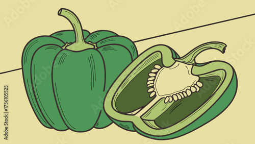 Hand-drawn green bell pepper illustration, whole and half cut