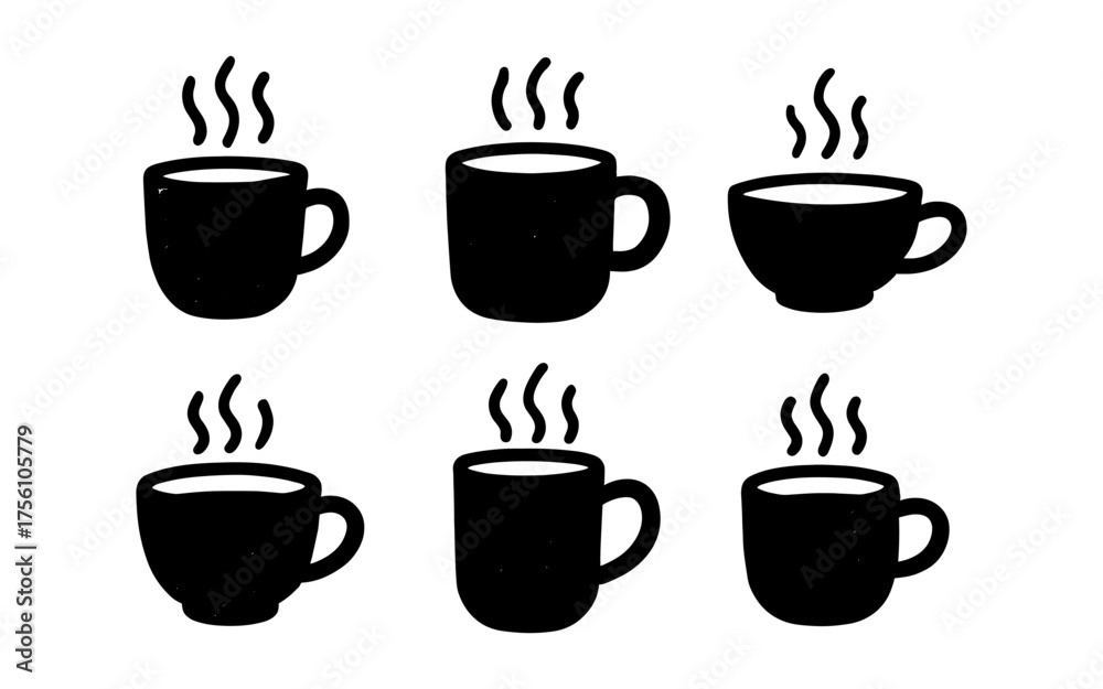 Obraz premium Minimalist black coffee cup icons with steam in rustic style