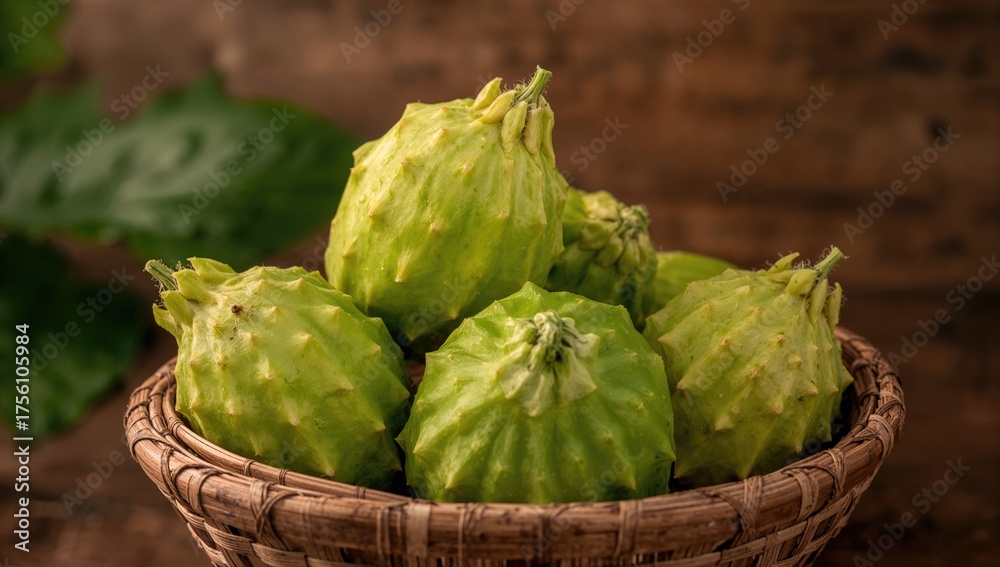 Obraz premium Natural bitter melon displayed in a woven bamboo container, used for culinary and medicinal purposes