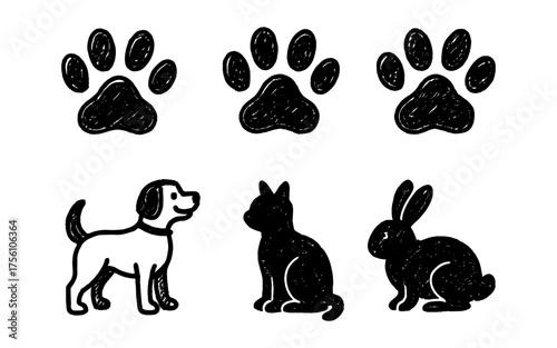 Chalk style animal silhouettes with paws: dog, cat, rabbit