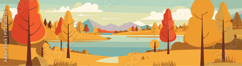 Wide autumn valley with river and golden trees