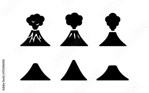Silhouette volcanic eruption icons: simple graphic of volcano in different stages
