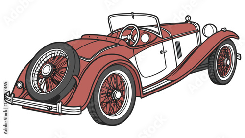Vintage red and white classic roadster car on white background