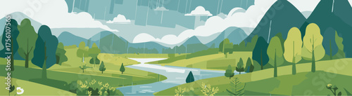 Green valley river with rolling hills and trees