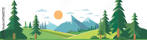 Mountain range with fir trees and sunrise light