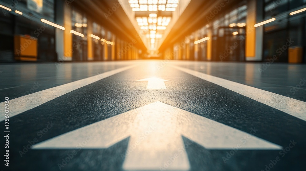 Fototapeta premium Directional arrows leading to bright hallway path to success concept