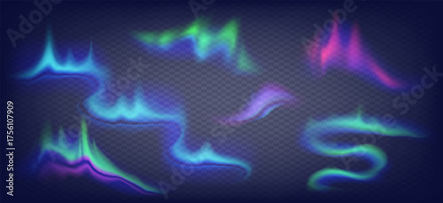 Realistic vector northern lights set. Amazing aurora borealis night polar sky on alpha stransparent background.