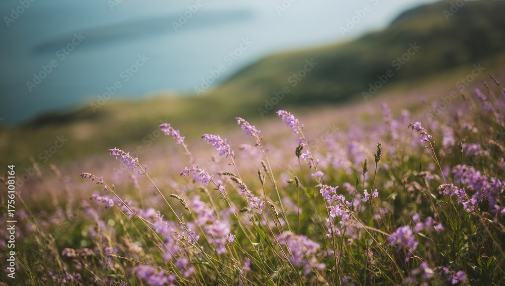 Obraz premium Soft focus on beautiful violet wildflowers in a hillside setting