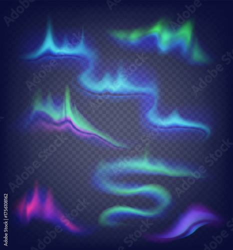 Realistic vector northern lights set. Amazing aurora borealis night polar sky on alpha stransparent background.