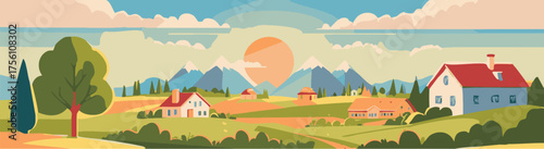 Countryside village at sunrise with fields and hills