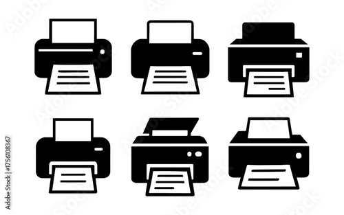 Set of printer icons: flat black and white silhouettes