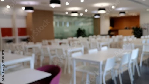 Inside the Corporate Dining Area,White Tables, Coffee and Water Facilities,blur background,Blurry comfy view canteen,dining room