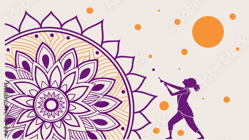 Silhouette of a girl playing flute near decorative mandala with vibrant orange circles on a beige background