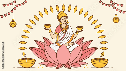 Goddess Lakshmi sitting on a pink lotus with gold coins and diyas, symbolizing wealth and Diwali blessings