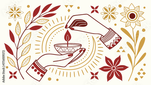 Hands holding and lighting traditional oil lamp surrounded by floral and geometric decorative elements