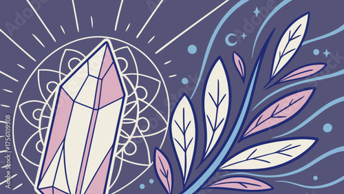 Spiritual crystal mandala with botanical elements and cosmic signs.