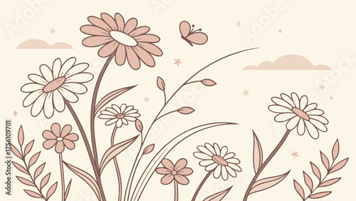 Hand-drawn spring meadow with flowers, butterfly, and clouds