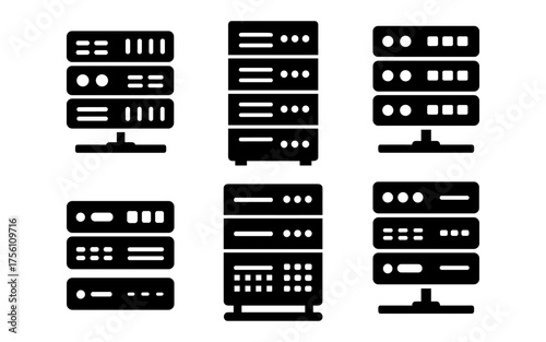 Silhouette server rack icons: data center and network equipment design