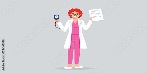 Professional Female Doctor with Blood Pressure Monitor and Patient Document Illustration