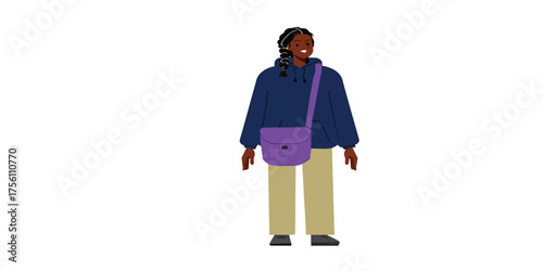 Young Black Woman with Purple Shoulder Bag and Hoodie