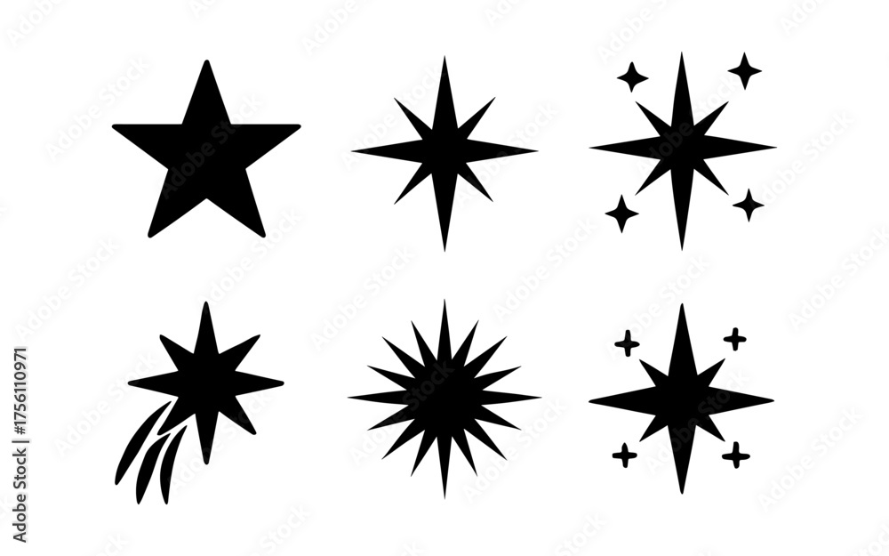 Obraz premium Variety of star shapes and designs in minimalist black silhouettes
