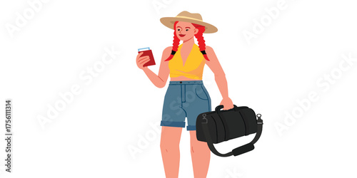 Young woman traveler with duffel bag and passport ready for vacation