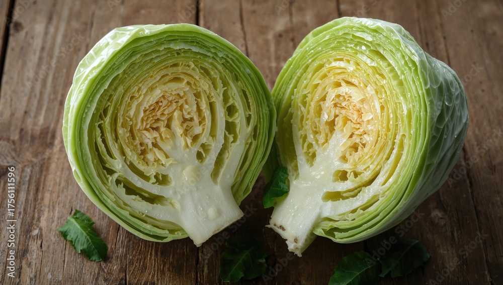 Obraz premium Half-cut fresh green cabbage on a wooden surface ready for cooking