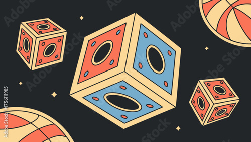 Abstract retro geometric cubes and spheres floating in outer space