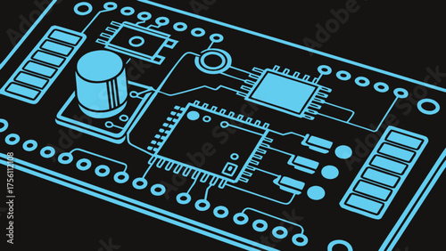 Electronic circuit board lines and chips, digital tech concept