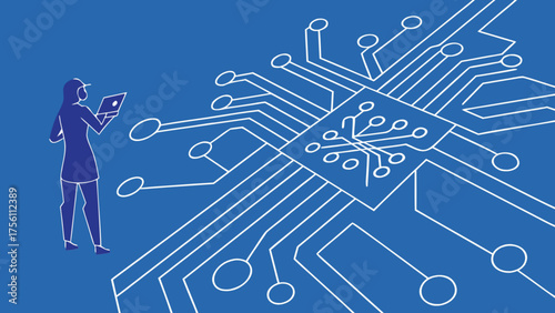 Female engineer working with laptop on microchip design layout