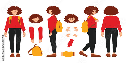 Customizable female student character constructor set with various poses and editable body parts vector illustration