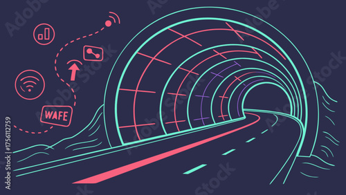 Digital data tunnel road with icons illustrating network security.