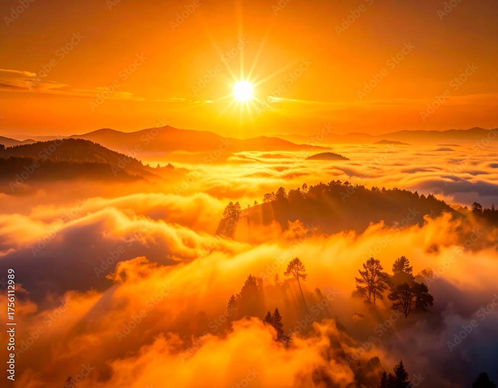 Fototapeta premium Ethereal Effect Dreamy Backlit Minimalist Abstract Orange Digital Cold Wallpaper Background presenting Atmosphere Art View, Drone