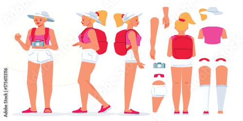 Woman tourist with backpack and camera, flat design character illustration