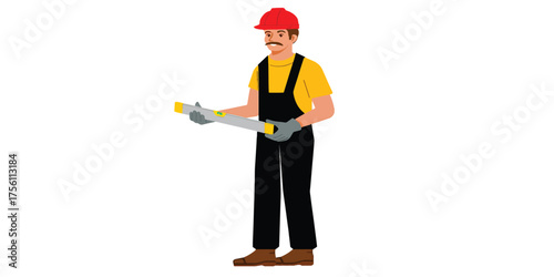 Construction worker holding a spirit level, cartoon illustration