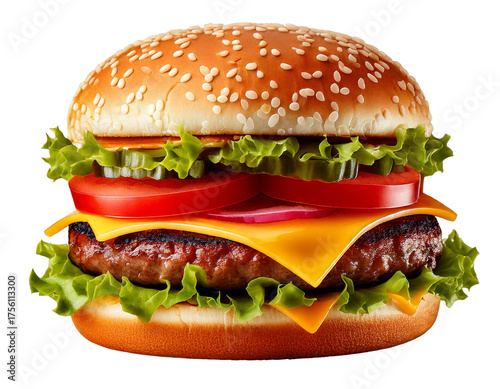 hamburger or burger with cheese and vegetables isolated on white background, image ai 