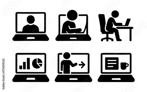 Silhouette icons of video calls, online teaching, and remote work on laptops