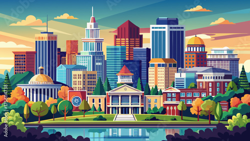 Very beautiful skyline of Huntsville, Alabama, USA, featuring modern downtown buildings, scenic hills, and soft evening light reflecting across the city’s landscape in a calm southern atmosphere.