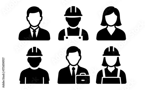 Silhouette icons of diverse professions including business and construction